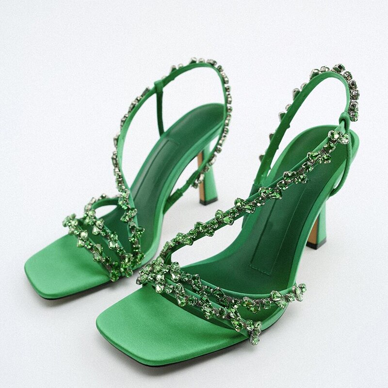 Antmvs New Women Sandals Buckle Strap Open Square Toe   Ladies Pumps High Heel Beaded Fashion Summer Rhinestone Female Shoes