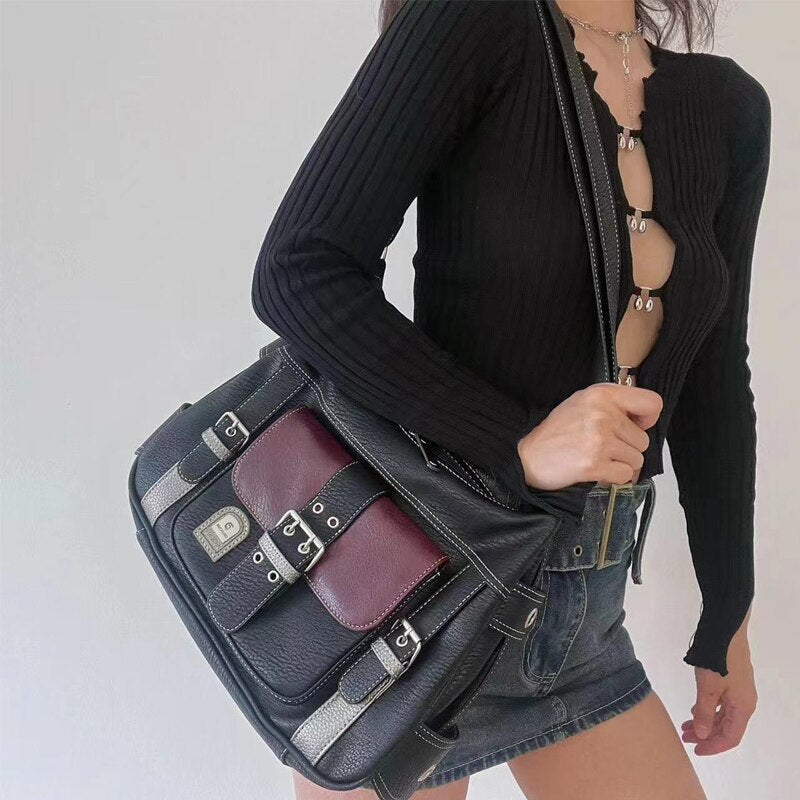 Antmvs Antmvs Y2K Luxury Designer Handbag Vintage PU Leather Shoulder Bag Tote Women Hip Hop Messenger Bag Large Capacity Commuter Bag Female