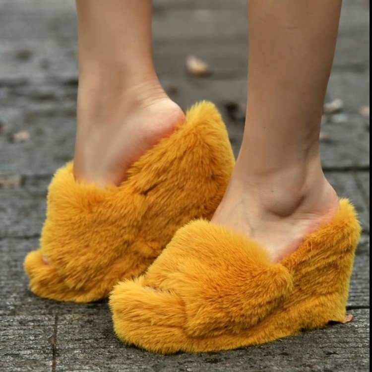 Antmvs Luxury New Women Feminine High-Heeled Fur Drag Outdoor All-Match Shoes Slippers Round Head Wedges With Mink Fur Slippers