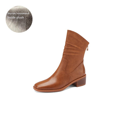 Antmvs  New Fall/Winter Women Boots Genuine Leather Square Toe Thick Heel Zipper Ankle Boots Solid Color Retro Woman Shoes Brown