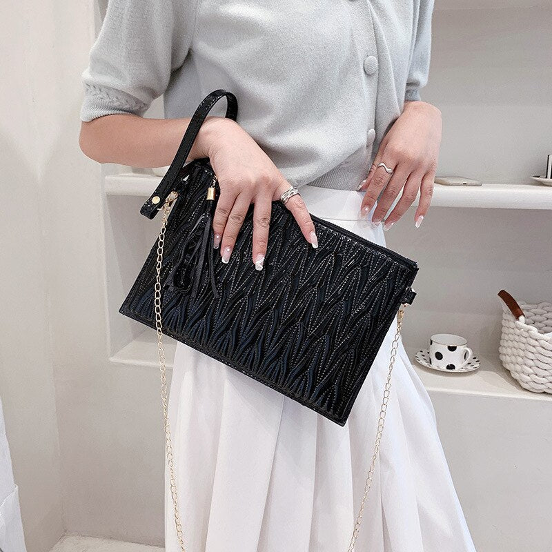 Antmvs Antmvs   PU Leather Shoulder Bag Weave Lady Diamond Tassel Chain Casual Handbag Tote Bag