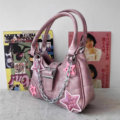 Antmvs Antmvs - Y2k Pink Shoulder Bag Women'S Star Pattern Pu Leather Underarm Harajuku Tote Chain Cross Body Handbag Cool Hiphop Zip Purses