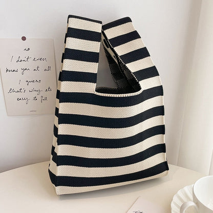 Antmvs Antmvs Striped Knit Woven Tote Handbag Japanese Bag Mini Color Women Knit Student Shopping Handmade Tote Bag Wrist Bag Shopping Bag