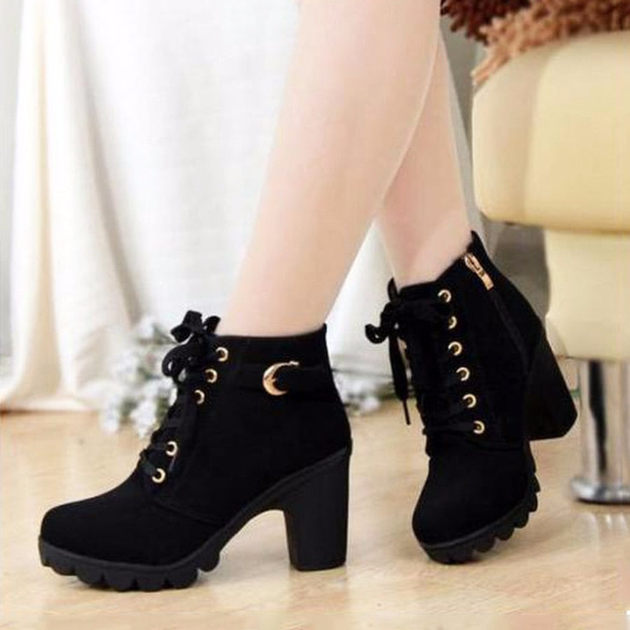 Antmvs   New Spring Winter Women Pumps Boots High Quality Lace-Up European Ladies Shoes PU High Heels Boots Fast Delivery