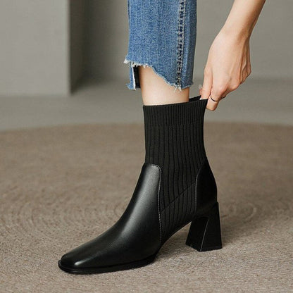 Antmvs Winter Stretch Women Boots High Thick Heel Square Head Retro Lady Boot Knitted Socks Fashion Solid Concise Design   Shoe