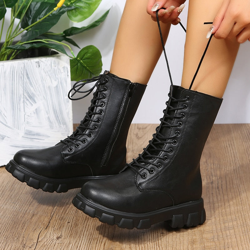 Antmvs Women's Martens Boots PU Leather White Ankle Boots Autumn Winter Motorcycle Boots Fashion Female Chunky Heel Platform Boots