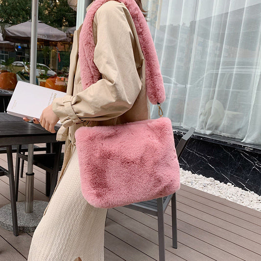 Antmvs Faux Fur Handbags for Women Soft Plush Large Capacity Female Shopping Bags Simple Furry Ladies Messenger Bags Casual Tote Purse