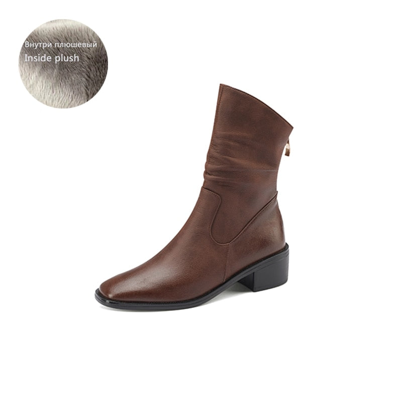 Antmvs  New Fall/Winter Women Boots Genuine Leather Square Toe Thick Heel Zipper Ankle Boots Solid Color Retro Woman Shoes Brown