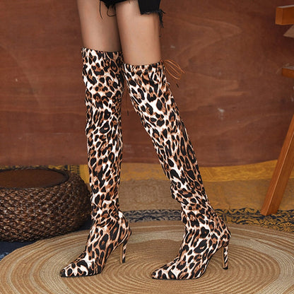 antmvs  Ladies Fashion Leopard Print Over Knee Boots Autumn Winter High Boots Pointed Toe Stretch Fabric Ladies High Heels Bottes Femme