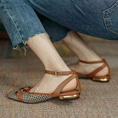 Antmvs New French Retro Ladies Flats Korean Style One Line Buckle Female Sandals Fashionable Plaid Thick Heel Women's Shoes