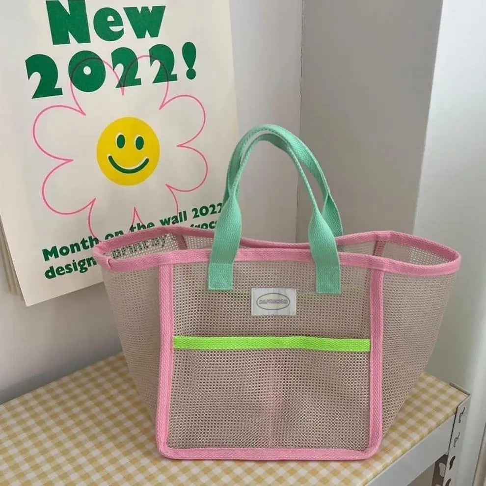 Antmvs Antmvs - Ins Pink Green Contrast Beach Bag Children's Toy Mesh Portable Storage Bag Outdoor Travel Swimming Toiletry Storage Bag