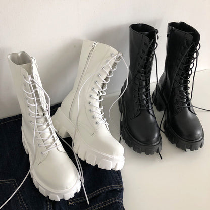 Antmvs Women's Martens Boots PU Leather White Ankle Boots Autumn Winter Motorcycle Boots Fashion Female Chunky Heel Platform Boots