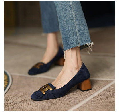 Antmvs French Retro Metal Ladies Shoes Spring Buckle Square Head Women's Single Shoes Classic Thick Heels Soft Leather Female Pumps