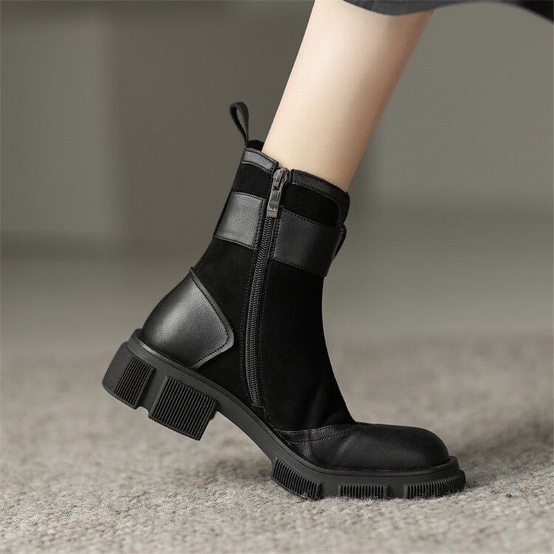 Antmvs  Autumn Round Toe Women Boots Chunky Heel Shoes For Women Short Boots Belt Buckle Ankle Boots Platform Shoes Knight Boots