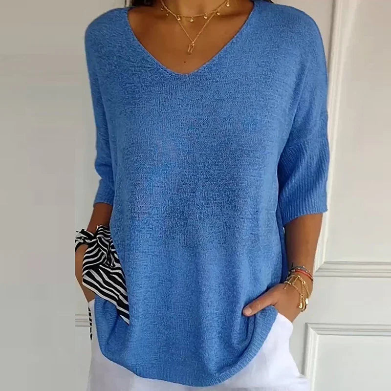 Antmvs -  Women Casual Bat Sleeve Loose Temperament Blouse Blusa Elegant 3/4 Sleeve All Match Shirt 2024 New Style Office Knitted Tops