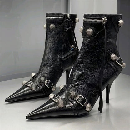 Antmvs New Women Slim High Heel Metal Buckle Chain Luxury Shoes Fashion Comfortable Pointed Toe Ankle Boots Stiletto Party Short Boots