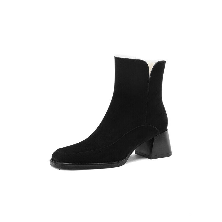 Antmvs  New Winter Boots For Women Cow Suede Short Boots Round Toe Thick Heel Women's Warm Shoes High-Heeled Shoes Large Size