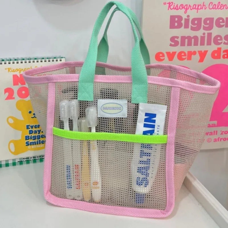 Antmvs Antmvs - Ins Pink Green Contrast Beach Bag Children's Toy Mesh Portable Storage Bag Outdoor Travel Swimming Toiletry Storage Bag