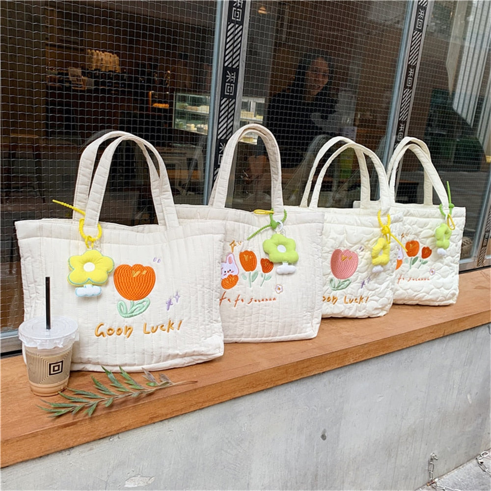 Antmvs Antmvs Flower Design Tulip Embroidery Handheld Tote Bag Students In Class Canvas Bag Simple Shopping Bag Handbag