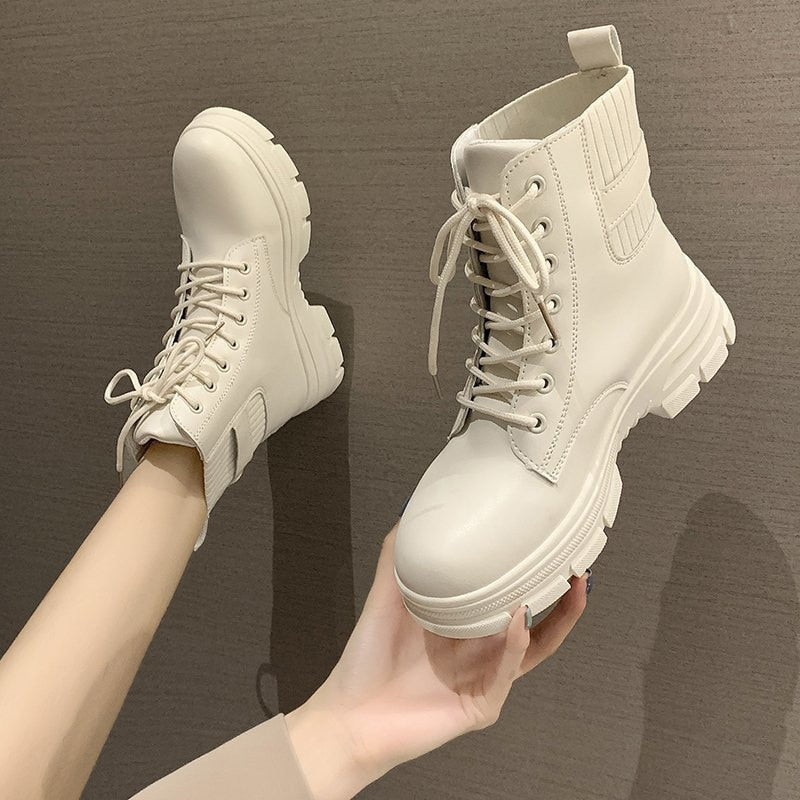 Antmvs New Women White Ankle Boot PU Leather Thick Sole Lace Up Combat Booties Female Autumn Winter Platform Shoes Rubber Cowboy Boots