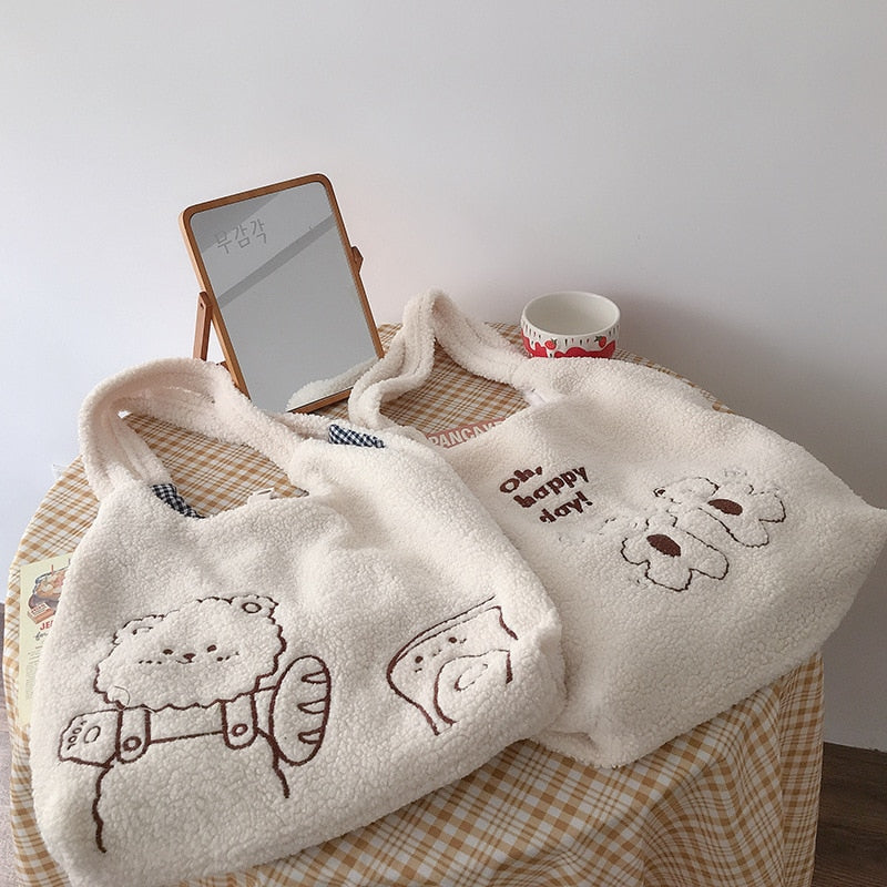 Antmvs Antmvs Lamb Like Women Canvas Shoulder Bag Warm Plush Cloth Fabric Cute Bear Handbag Soft Tote Large Capacity Shopping Bags For Ladies