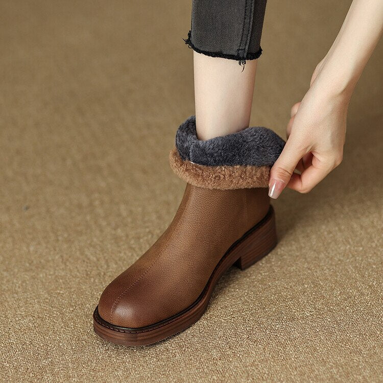 Antmvs New  Winter Ankle Boots Women Chunky Heels Round Toe Boots Casual Shoes For Women Thermal Plush Boots Simplicity Women Boots