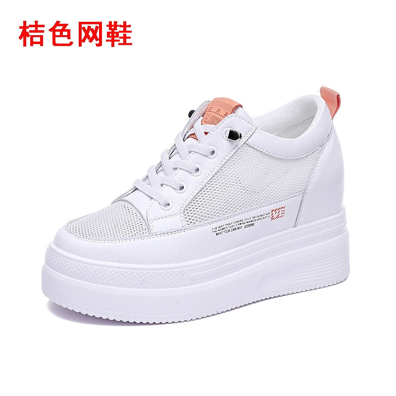 antmvs  8.5Cm Platform Wedge Sneakers Height Increased Shoes Genuine Leather For Women Spring Autumn Air Mesh Summer Shoes White