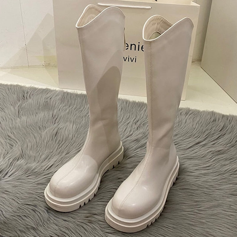 Antmvs Women Boots Fashion Casual Non Slip Zipper Knee Boots Woman Comfortable Round Boots Ladies Platform PU Winter Boot Female