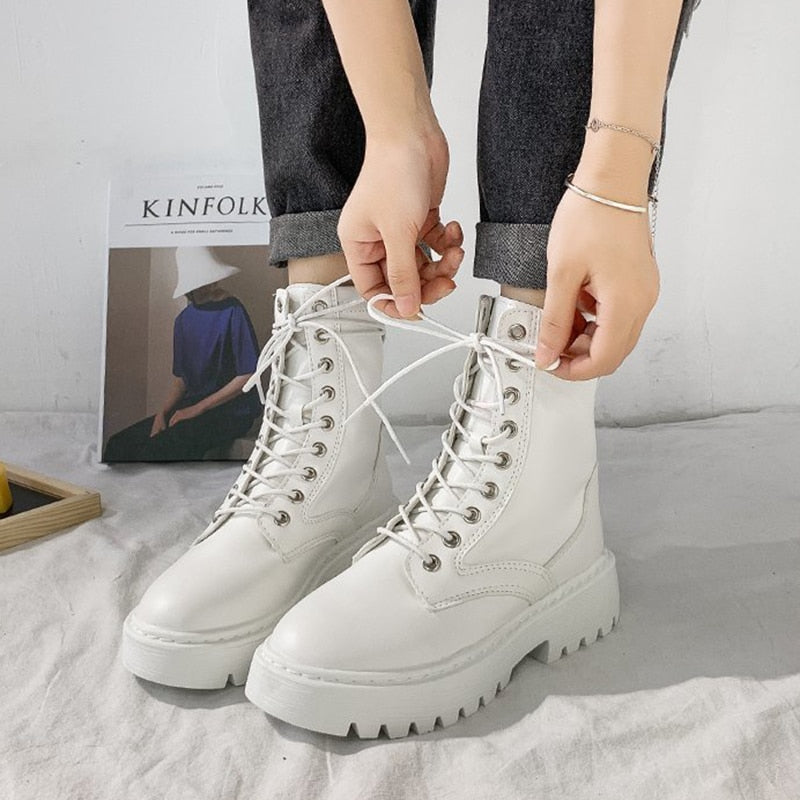 Antmvs New Mid Calf Boots Women Autumn Winter Fashion Lace-Up Zipper Botas Mujer Boots Sports Platform Heel Ladies Shoes  Flat