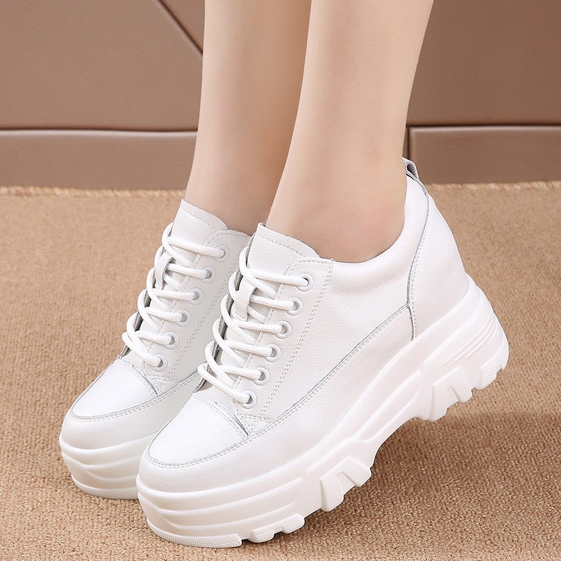 antmvs  8Cm Leather Microfiber Women Casual Shoes Platform Wedge Hidden Heel Summer Shoes Platform Chunky Sneakeers Fashion White