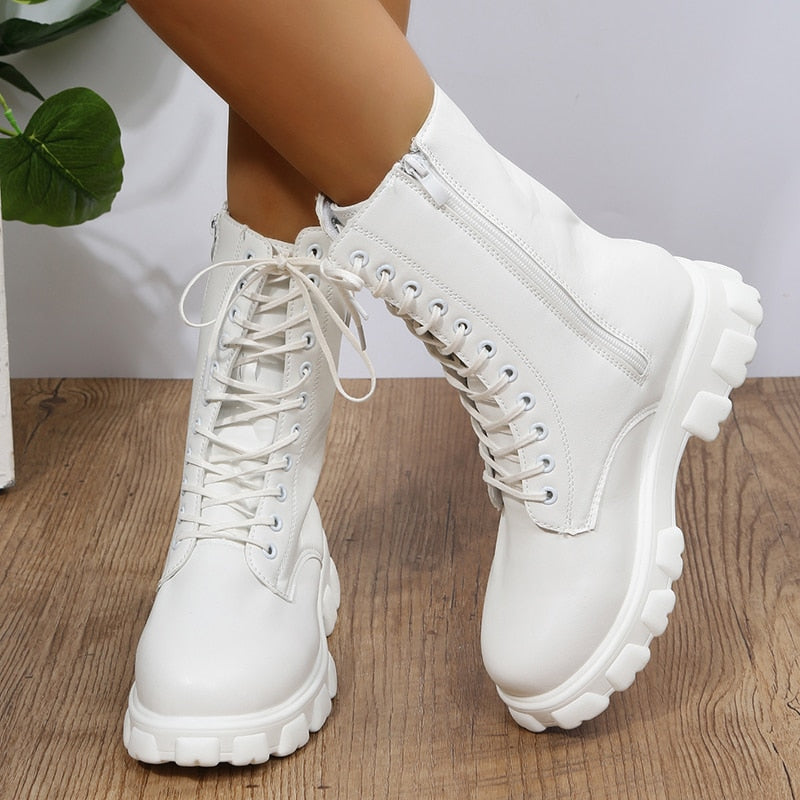 Antmvs Women's Martens Boots PU Leather White Ankle Boots Autumn Winter Motorcycle Boots Fashion Female Chunky Heel Platform Boots