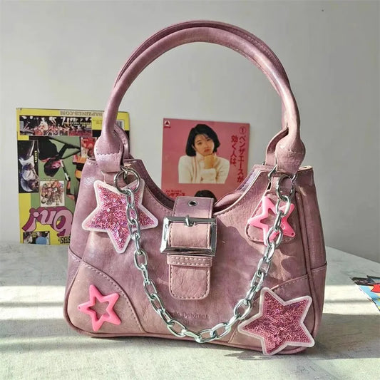 Antmvs Antmvs - Y2k Pink Shoulder Bag Women'S Star Pattern Pu Leather Underarm Harajuku Tote Chain Cross Body Handbag Cool Hiphop Zip Purses