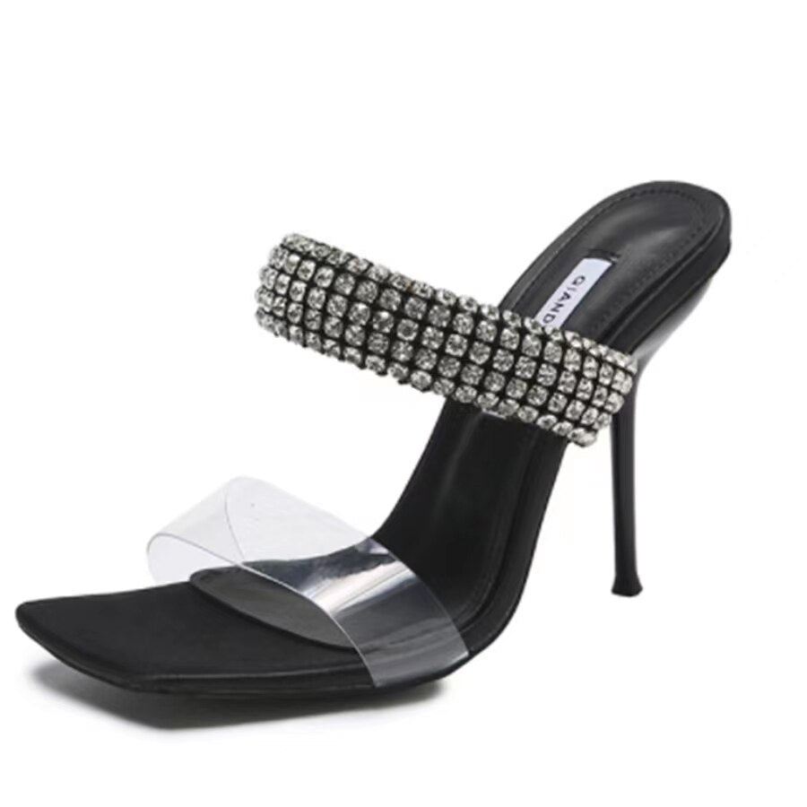 Antmvs Women Sandals Summer High Heel Rhinestones Square Toe Lady Pump Fashion Leisure   Back Open Toe Concise Female Shoe