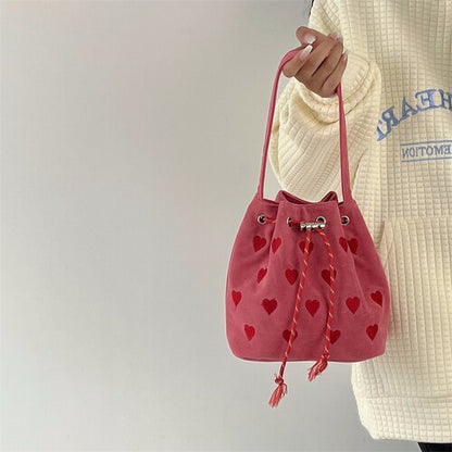 Antmvs Antmvs Pink Heart Embroidered Ladies Bucket Purse Handbags Fashion Love Women Messenger Bag Drawstring Female Girls Small Shoulder Bags