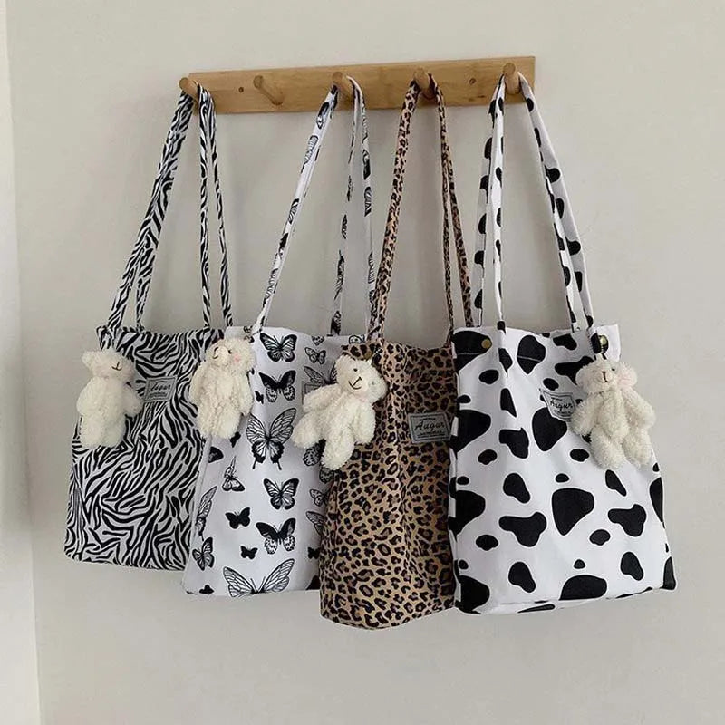 Antmvs Antmvs - Korean Style Chic Casual Tote Bag Leopard High-Capacity Shoulder Bag Ladies Canvas Bag New Shopping Bag Student Print Handbag