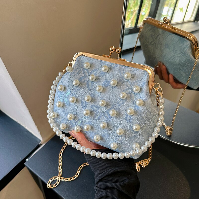 Antmvs Antmvs  square Metal clip bag Girl pearled handbag Lace embroidery women shoulder bag fashion crossbody bag for women Fresh feeling bag