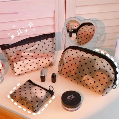 Antmvs Antmvs - Mesh Cosmetic Makeup Bags Case Holder Cute Transparent Zipper Black Heart Printed Pencil Pen Case Pouch Convenient To Carry