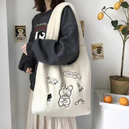 Antmvs Antmvs Lamb Like Women Canvas Shoulder Bag Warm Plush Cloth Fabric Cute Bear Handbag Soft Tote Large Capacity Shopping Bags For Ladies