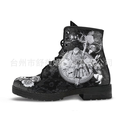 antmvs Skull Flower Print High-Top Boots Women Boot Autumn Winter Fashion Women Tooling Ankle Boots Women Boots Women Botas Mujer