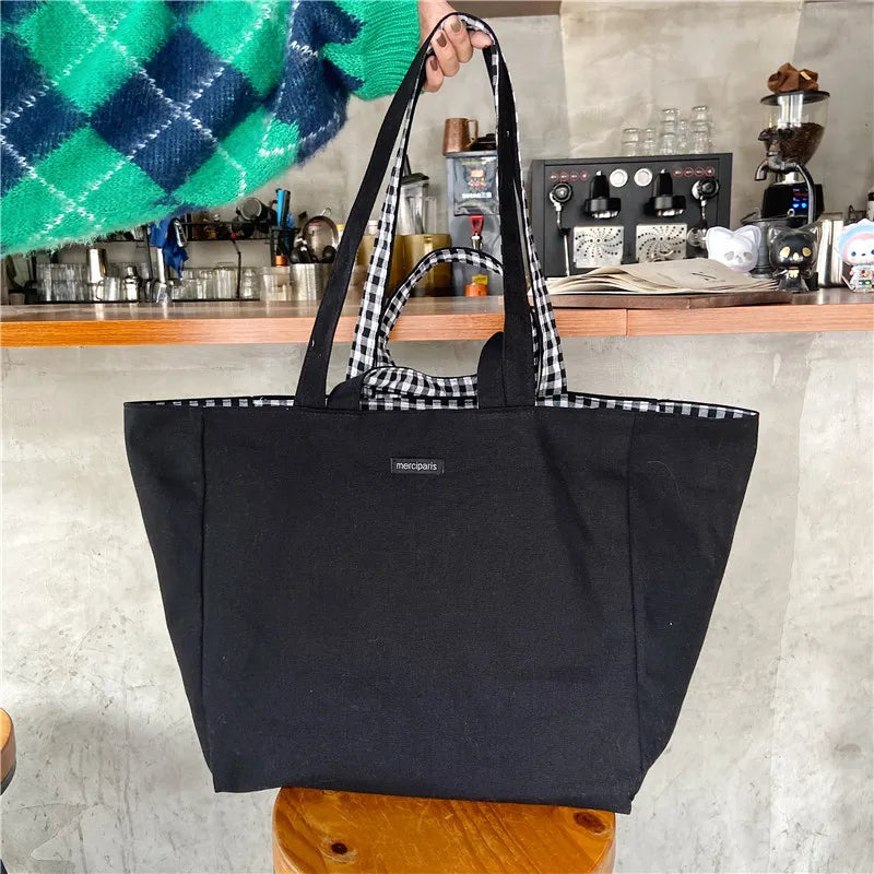 Antmvs Antmvs - 1 pc double-sided Plaid Shopping Bag Reusable 6 Colors large Canvas Shoulder Bag Lady Student Book Handbags Grocery Tote Bag