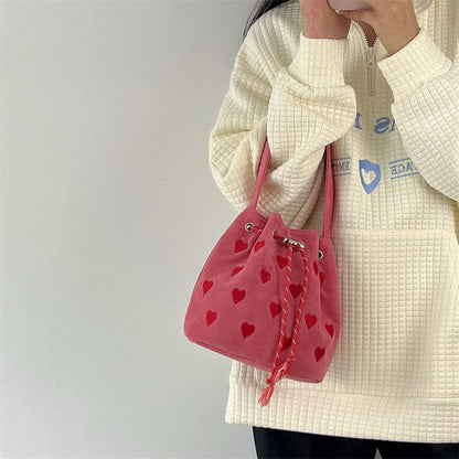 Antmvs Antmvs Pink Heart Embroidered Ladies Bucket Purse Handbags Fashion Love Women Messenger Bag Drawstring Female Girls Small Shoulder Bags