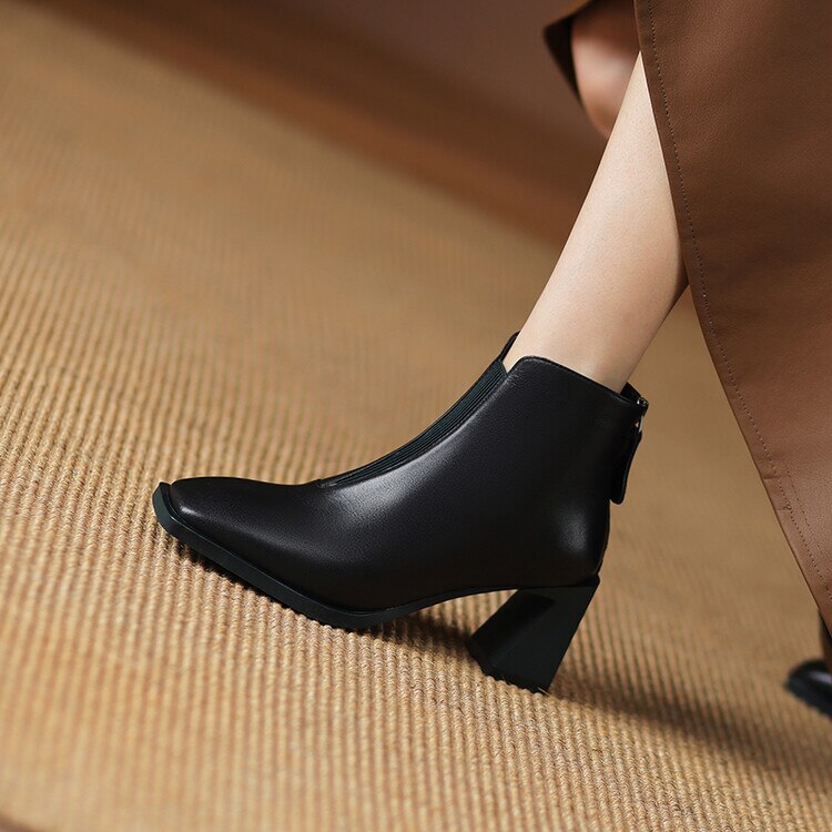 Antmvs  Autumn Winter Square Toe Boots Women Chunky Heel Genuine Leather Shoes For Women Short Boots Solid Color Zipper Ankle Boots