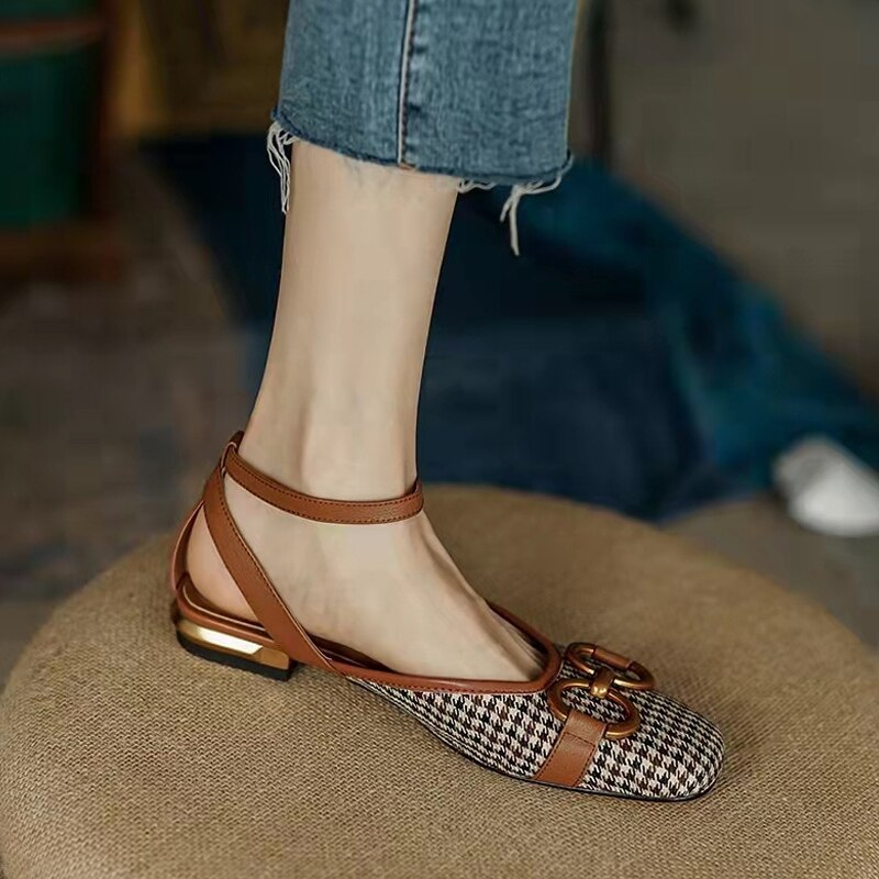 Antmvs New French Retro Ladies Flats Korean Style One Line Buckle Female Sandals Fashionable Plaid Thick Heel Women's Shoes