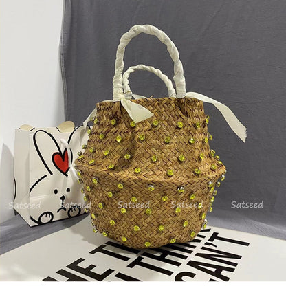 Antmvs Antmvs Handmade Sewing Holiday Fashion Crystal Woven Basket Diamond Tote Luxury Beach Resort Retro Handbag Bag Women Design Straw