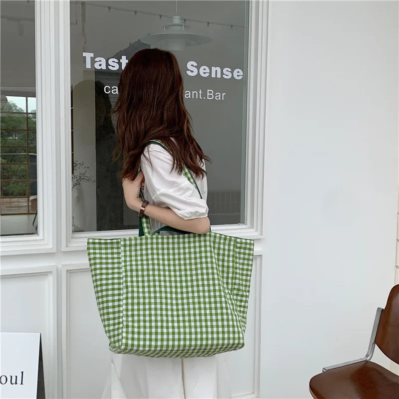 Antmvs Antmvs - 1 pc double-sided Plaid Shopping Bag Reusable 6 Colors large Canvas Shoulder Bag Lady Student Book Handbags Grocery Tote Bag