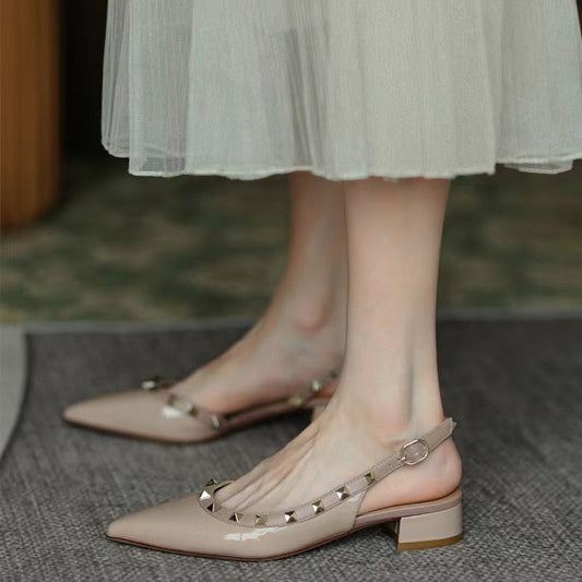 Antmvs New Summer Women Sandals Rivet Pointed Toe Chunky Heel Low Heel Flat Females Pumps Fashion High Quality Elegant Noble Lady Shoe