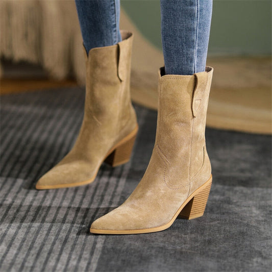 Antmvs  New Autumn/Winter Women's Boots Pointed Toe Chunky Heel Short Boots Cow Suede Western Boots Shoes For Women High Heels