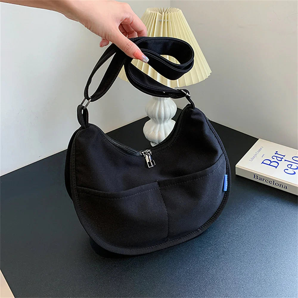 Antmvs Antmvs - Casual Canvas Bag Shoulder Bags Large Capacity Crossbody Bag Women Solid Simple Multifunction Handbags Half Moon Shape Sling Bag