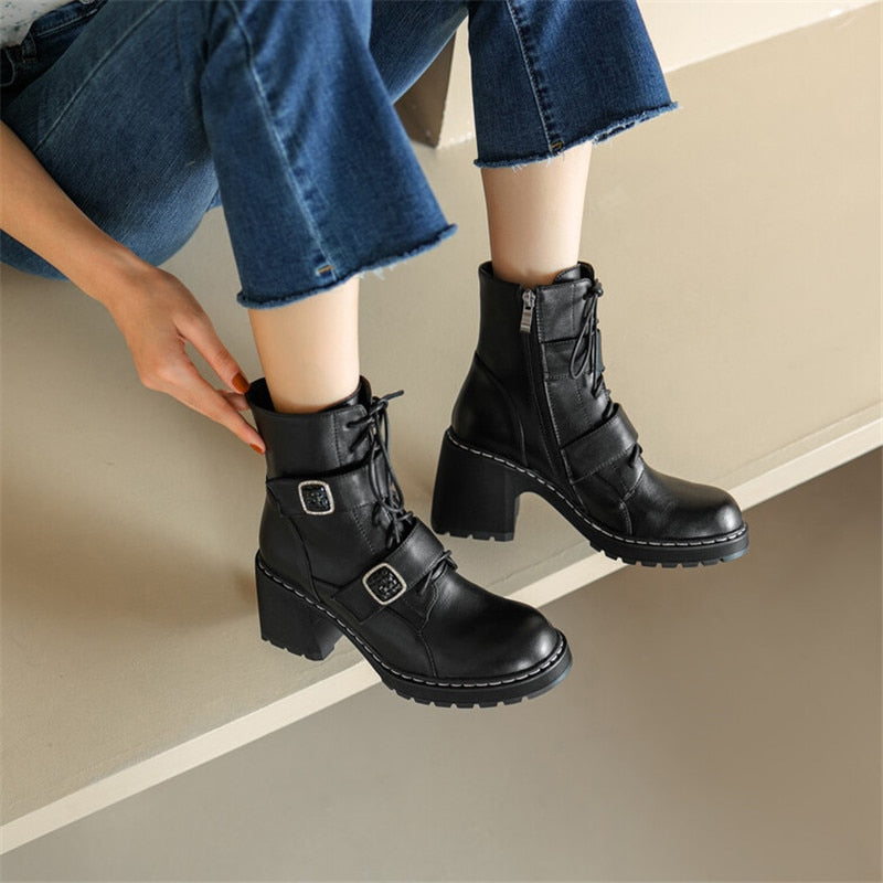 Antmvs  Autumn Winter Round Toe Women Boots Chunky Heel Shoes For Women Short Boots Belt Buckle Side Zipper High Heels Knight Boots