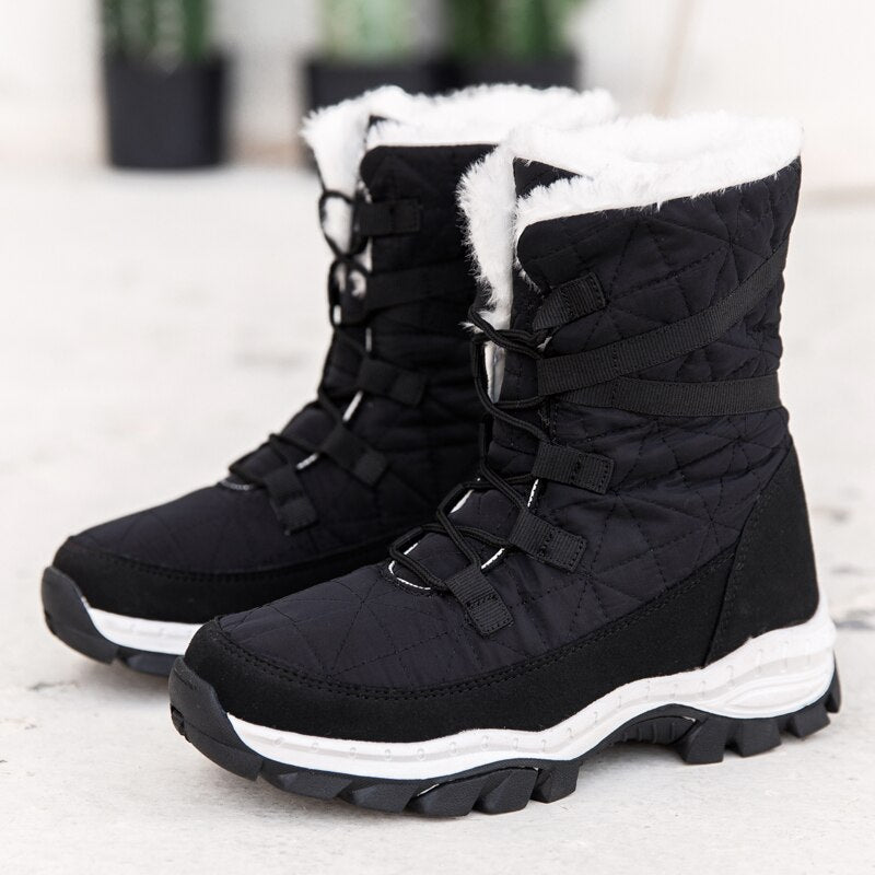 Antmvs Women Boots Warm Winter Mid-Calf Waterproof Ladies Booties Black Plus Size PU Leather Boots Women Botas Mujer Platform Heels